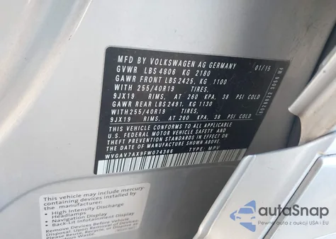 2015 Volkswagen Tiguan R-Line from USA, damaged, VIN WVGAV7AX9FW074366